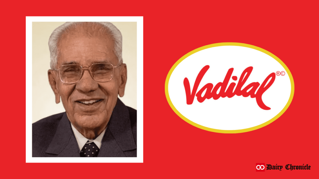 Photo of Vadilal Gandhi with Vadilal ice cream logo