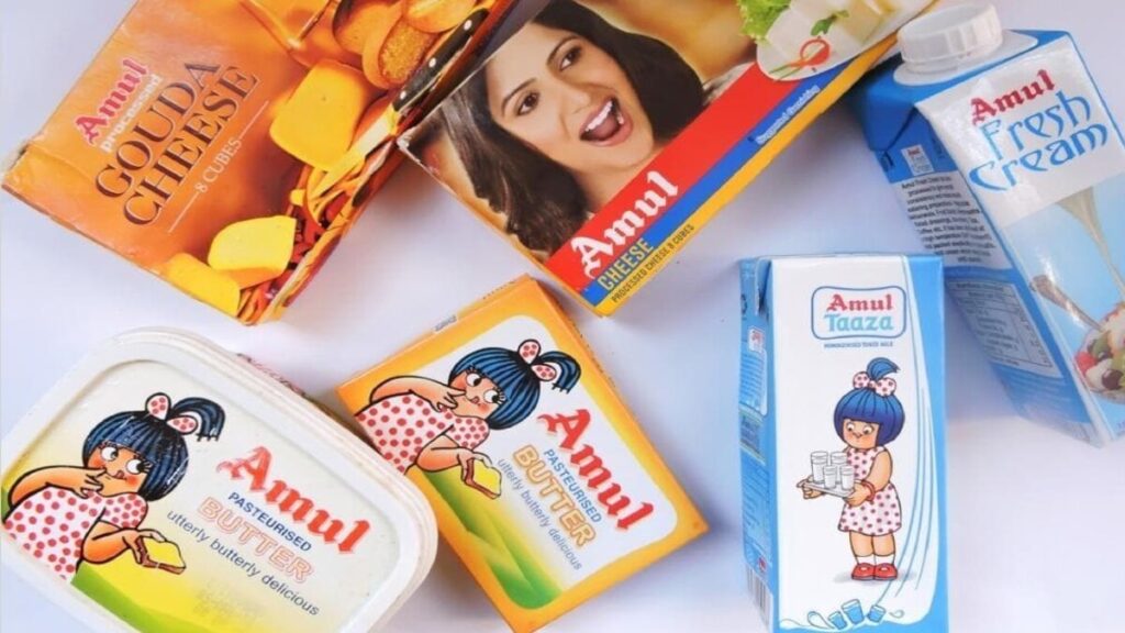 Introduction of Amul dairy products including cheese cubes, butter, fresh cream, and milk box