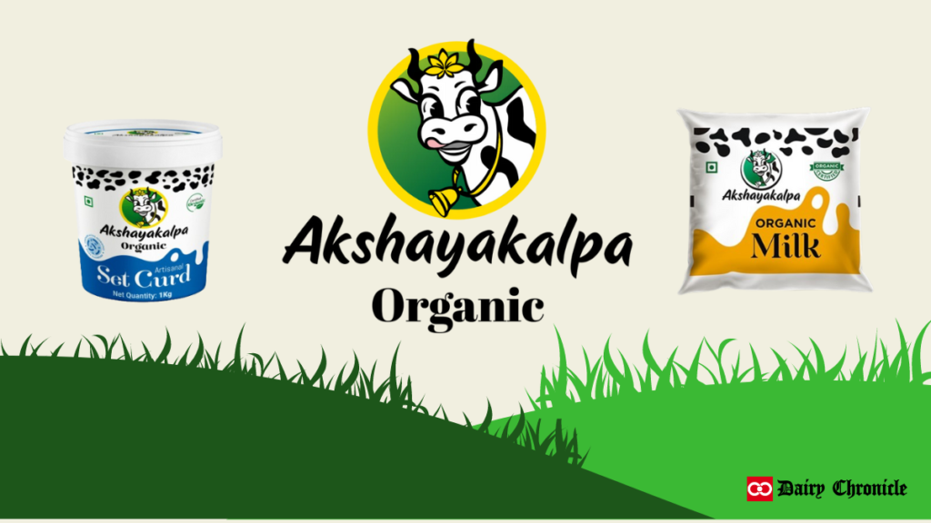 Akshayakalpa Organic brand logo with milk and curd packets