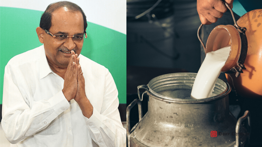 Radhakrishna Vikhe Patil with milk cans in the background