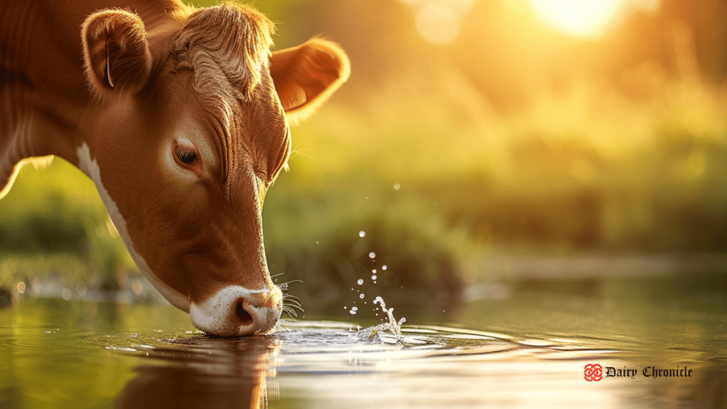 A cow drinking water from a trough on a Texas dairy farm amid water scarcity challenges.