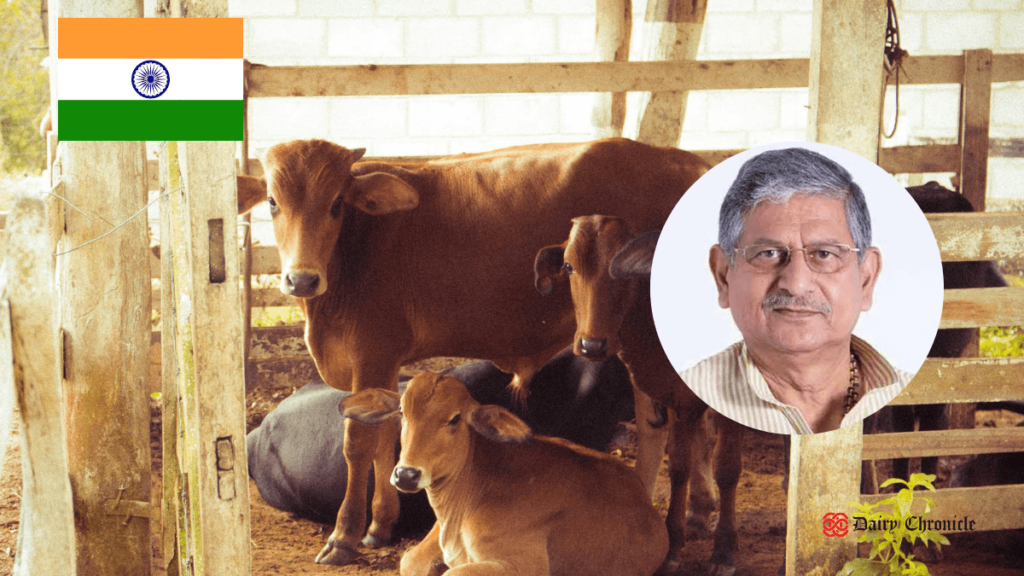 India’s Union Minister Shri Rajiv Ranjan Singh reviews strategy for achieving FMD-Free Bharat by 2030 with cows and Indian flag in the background.