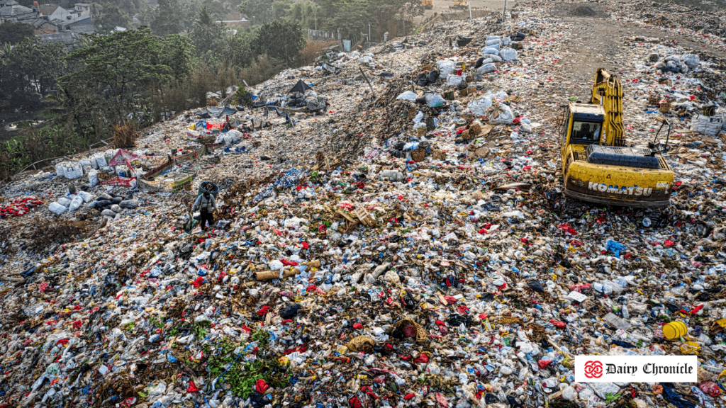 Pollution at Tajpur Dairies Complex in Ludhiana with garbage in the background.