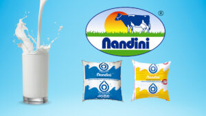 Nandini Dairy logo with a glass of milk and two milk pouches