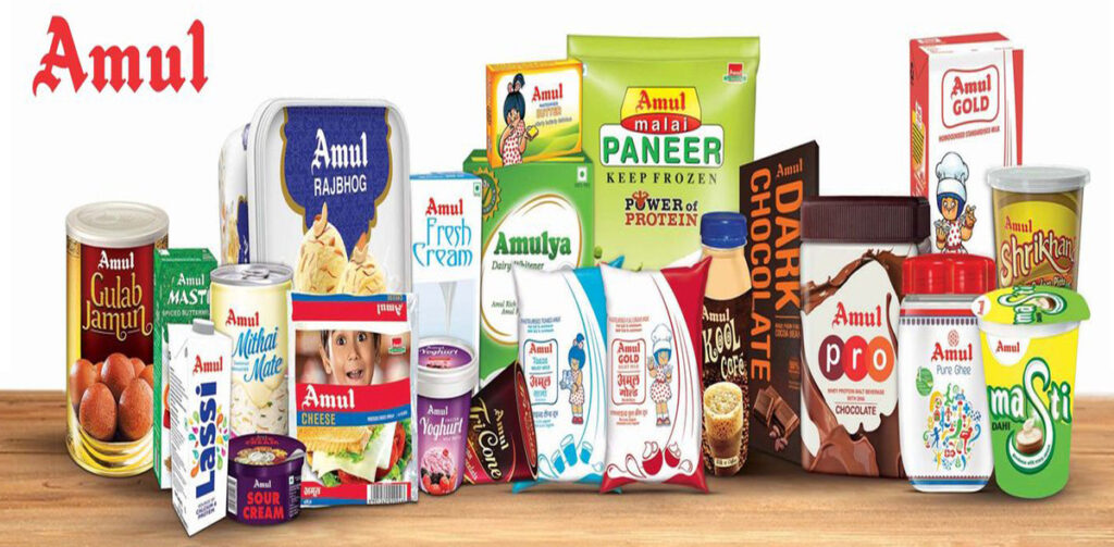 Amul Dairy logo displayed alongside various products of the brand, highlighting Amul's expansion into the U.S. market with fresh milk products