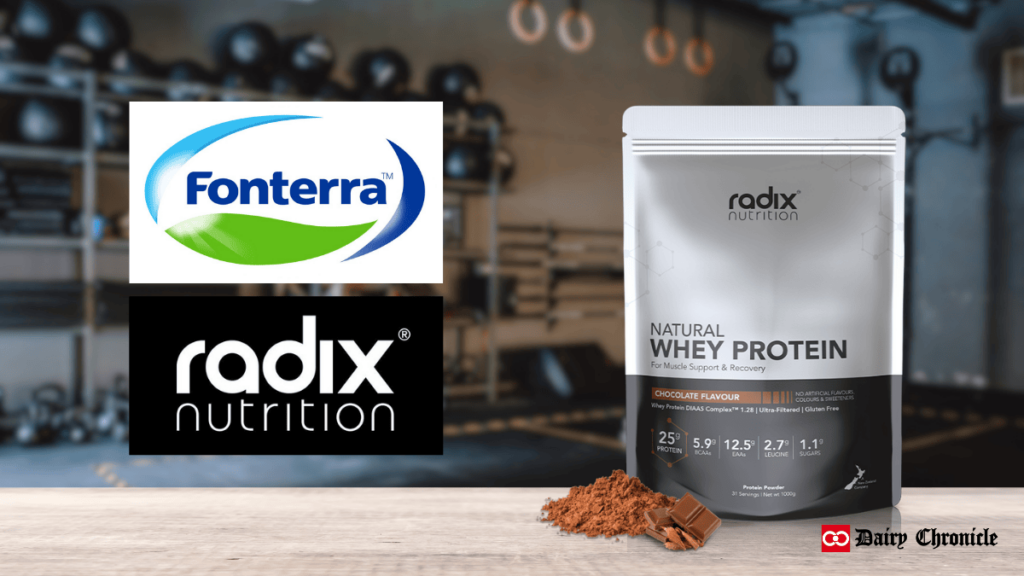 Logos of Fonterra and Radix Nutrition with their partnership protein product