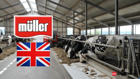 Müller logo with a background of dairy farms, highlighting the company's new decision regarding milk volume requirements.