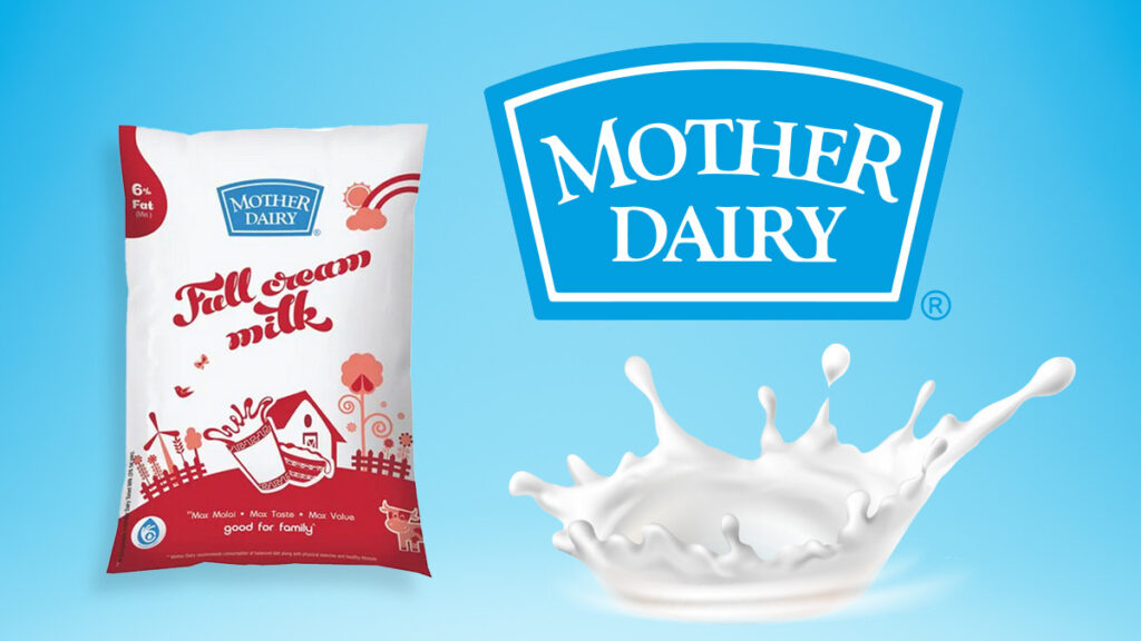 Mother Dairy milk pouch with the Mother Dairy logo beside it.