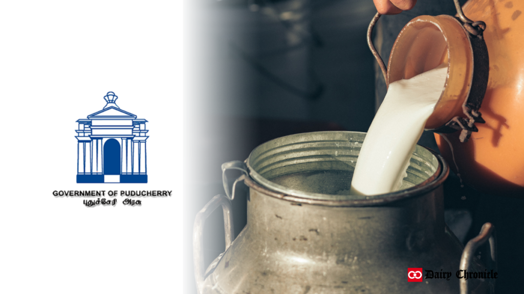 Puducherry government logo with milk container being filled