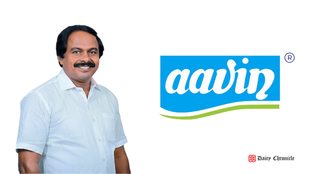 Mano Thangaraj and Aavin Dairy logo with new herbal milk products and training equipment for cattle health.