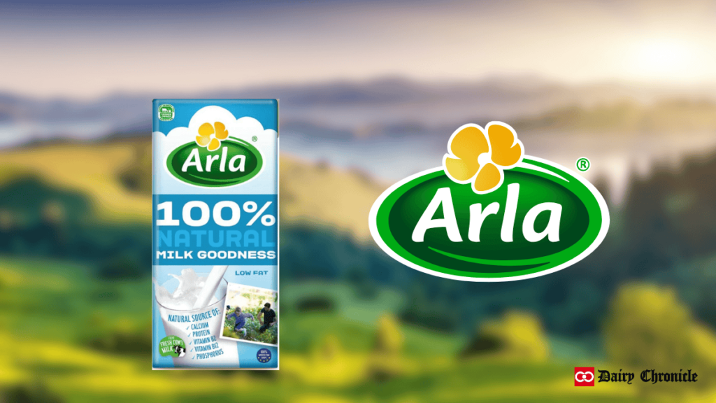 Arla milk logo next to a milk packet of the same brand