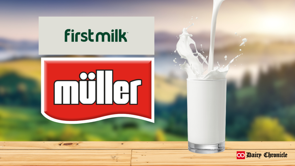 Logos of Muller Milk and Fresh Milk brands beside a glass of fresh milk