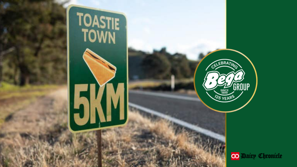 Bega Group logo with sign board showing 'Toastie Town - 5KM