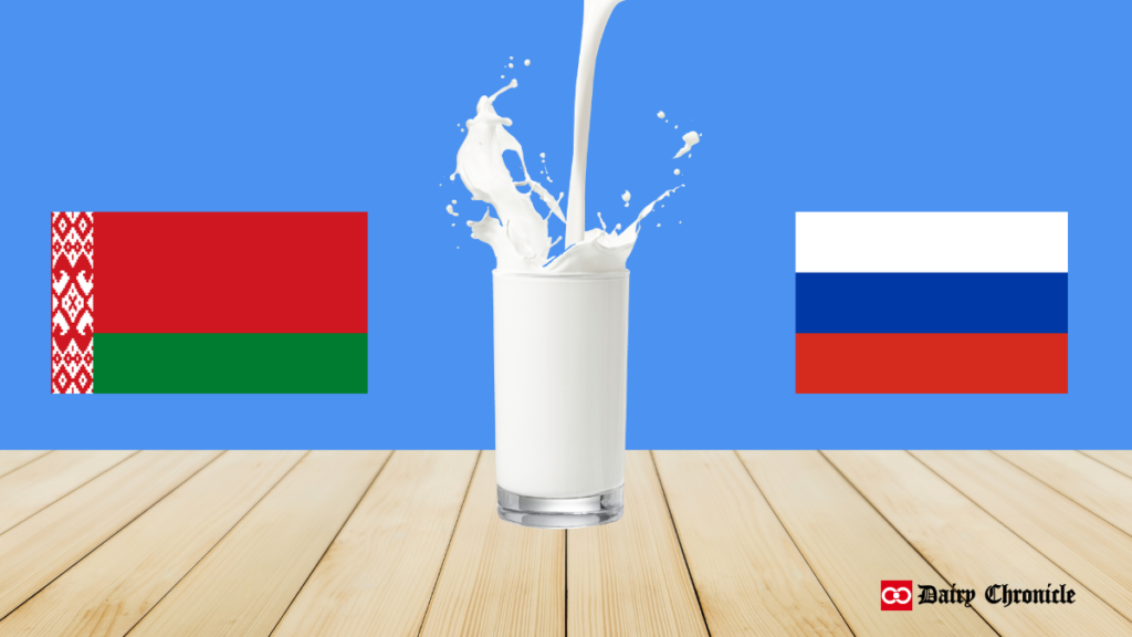 Glass of milk with flags of Belarus and Russia