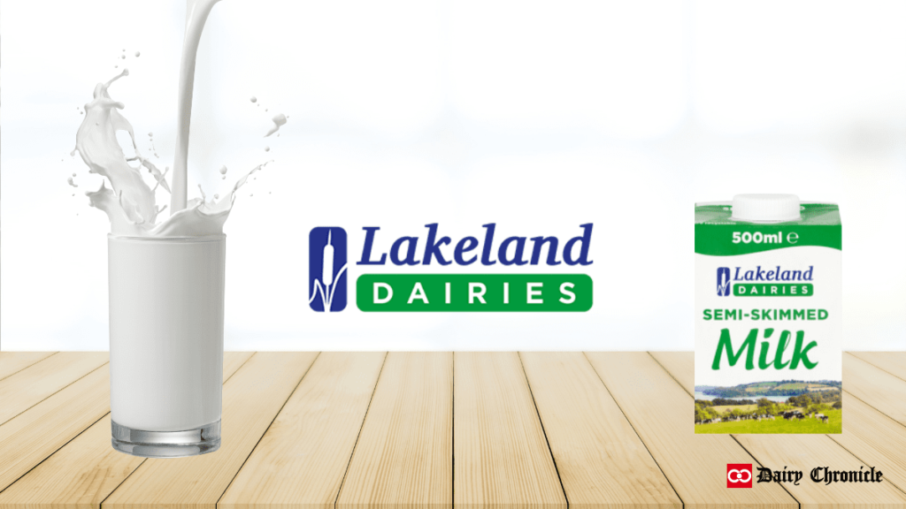 Lakeland Dairies logo, glass of milk, and milk carton