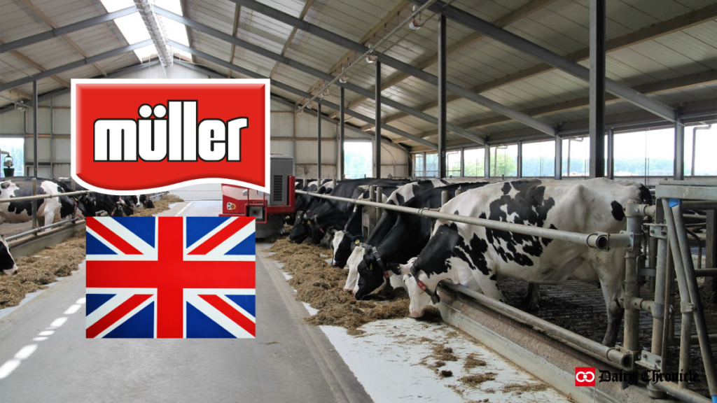 Muller logo and UK flag with a barn of cows in the background