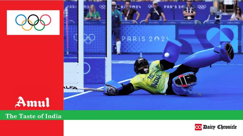 Amul brand logo, Olympic logo, and PR Sreejesh, Indian Hockey Player