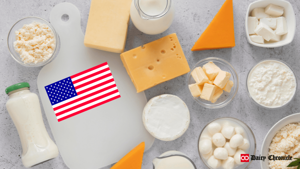 Flag of USA with dairy products like yogurt, milk, butter, and cheese