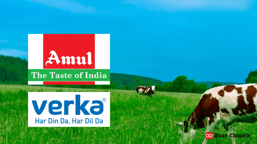 Amul and Verka brand logos with cow on green ground