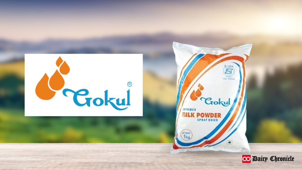 Gokul Dairy logo with a sack of Gokul milk powder