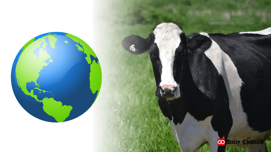 Earth symbol with a cow, global milk production trends in 2024