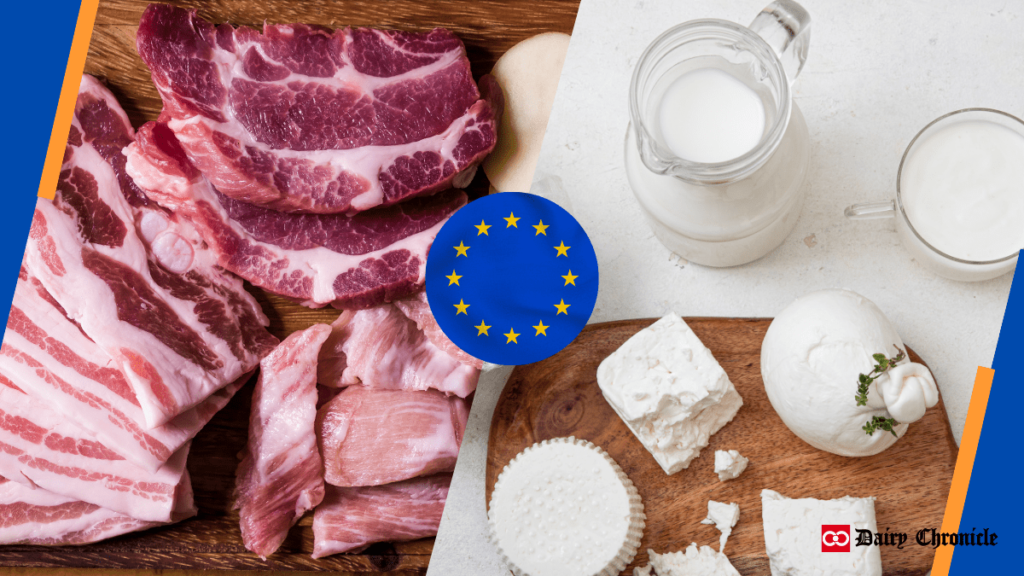 Meat and dairy products with a European flag in the middle