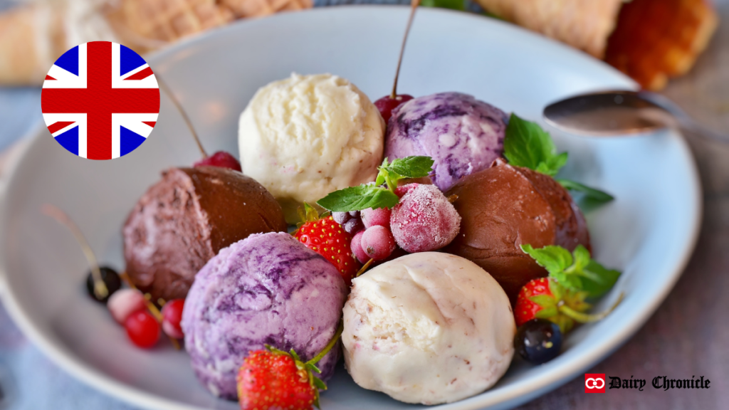 Bowl of various flavored ice creams with a UK flag in the corner