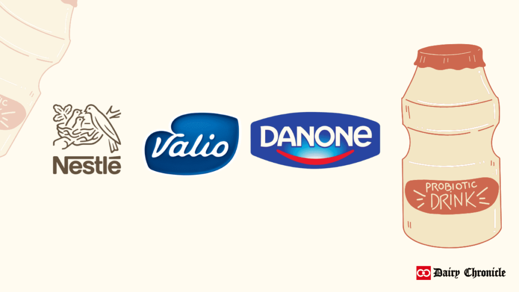 Logos of Danone, Nestlé, and Valio beside a probiotic drink bottle