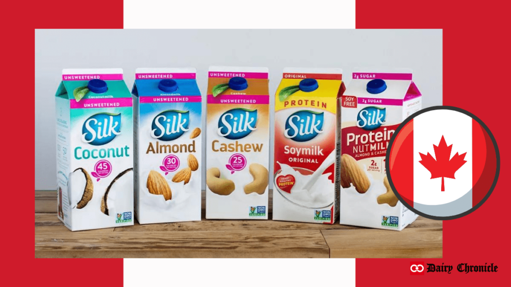 Silk brand plant-based milk products with the Canadian flag in the background