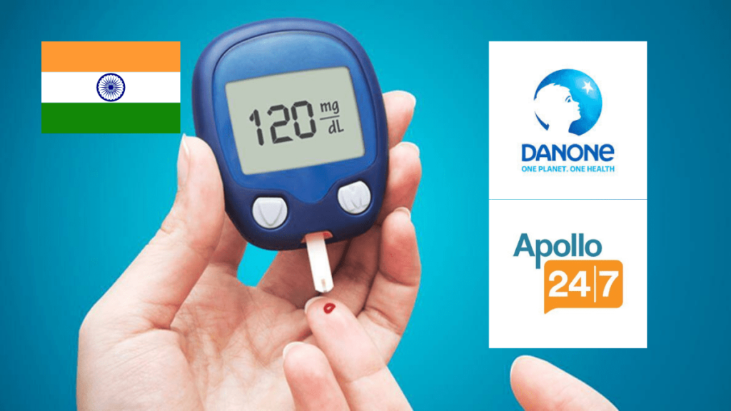 Danone and Apollo 24|7 logos with an Indian flag and a blood test machine, representing the Super 6 Diabetes Program in India.