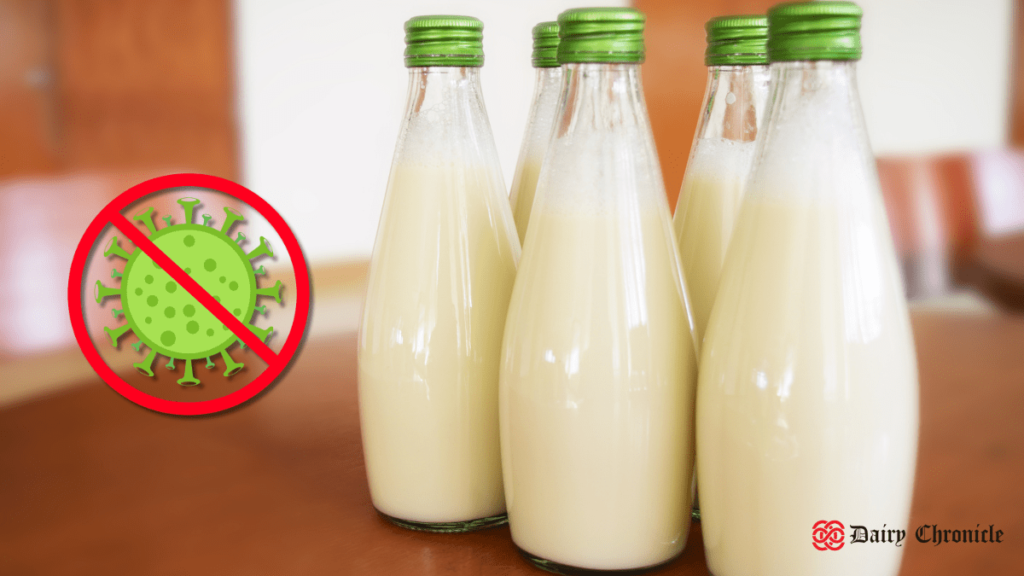 Three bottles of milk with a coronavirus symbol, representing research into lactoferrin as a potential antiviral.