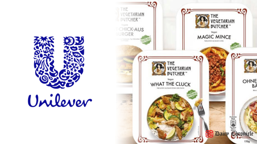 Unilever logo with expanding vegan product offerings from Ben & Jerry's, The Vegetarian Butcher, Hellmann’s, Magnum, and Wall’s