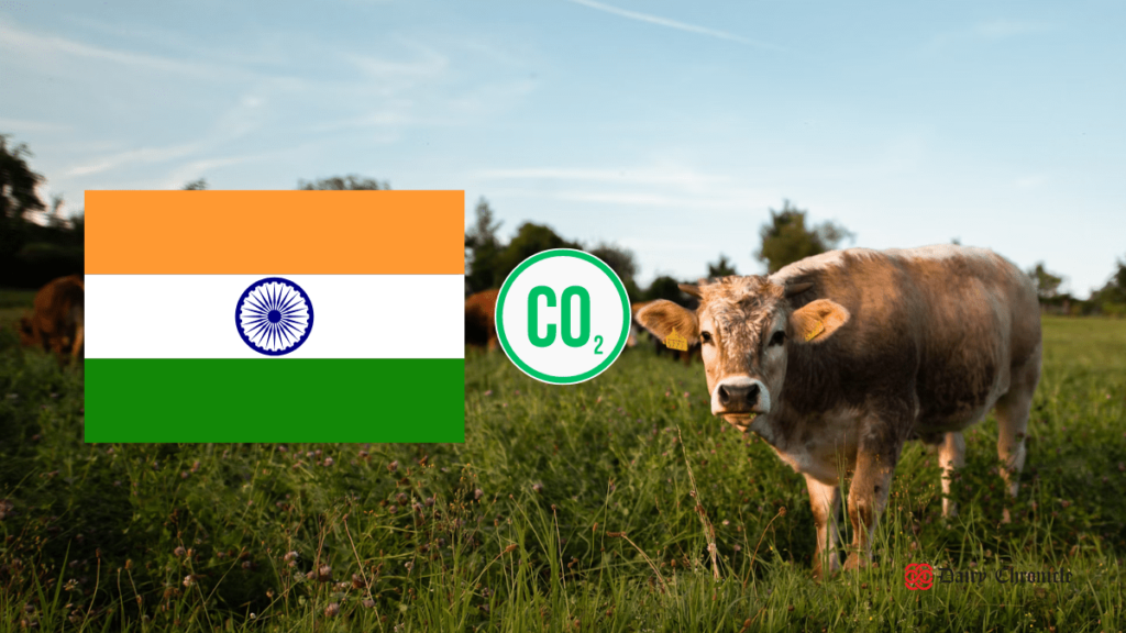 Indian Flag, CO2 Symbol, and Cow on Green Land