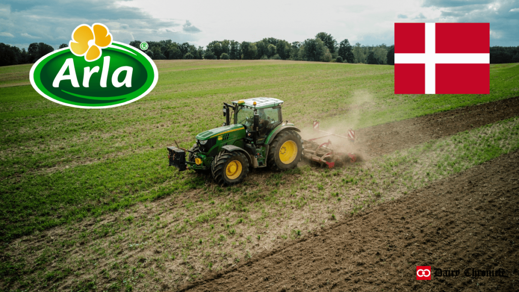 Arla Foods logo and Denmark flag with tractor cultivating land