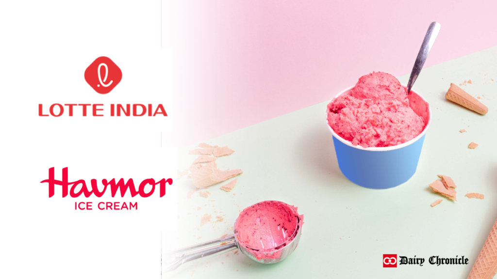 Lotte India and Havmor logos beside ice cream tub and scoop