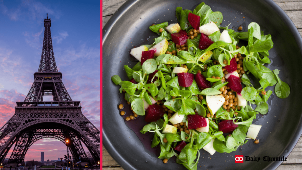 Eiffel Tower with a plate of plant-based food