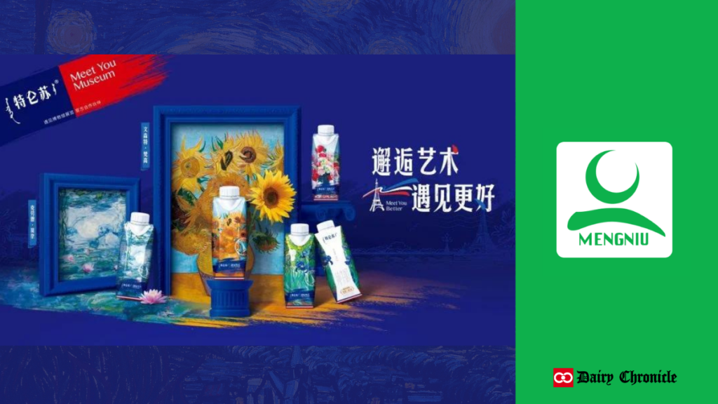 Mengniu brand logo with milk pouches and flower pictures in the background