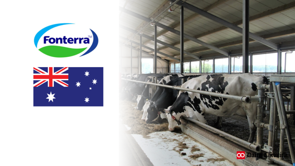 Fonterra logo and Australia flag with cow in farm background