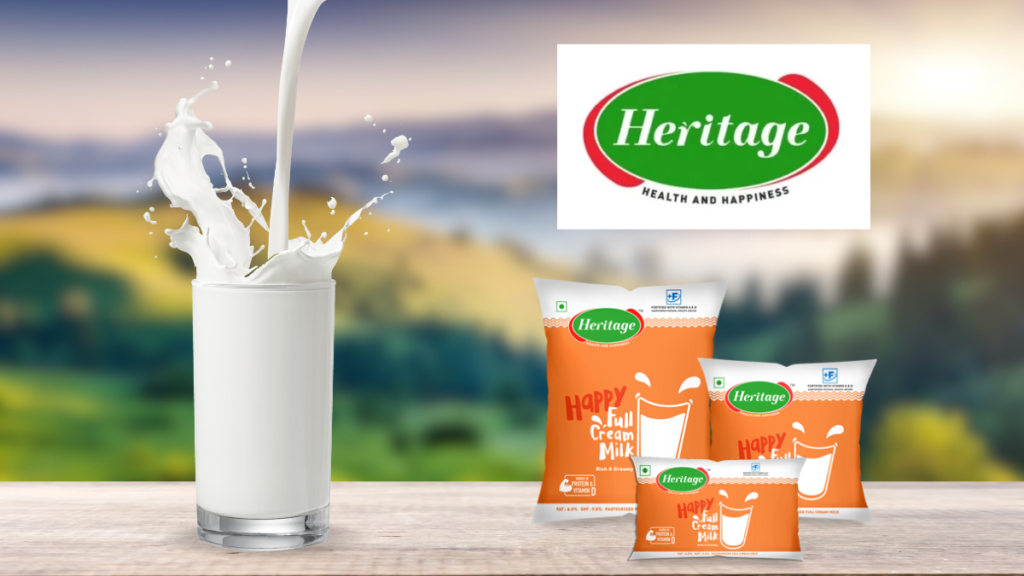 Heritage brand logo with glass of milk and three milk pouches