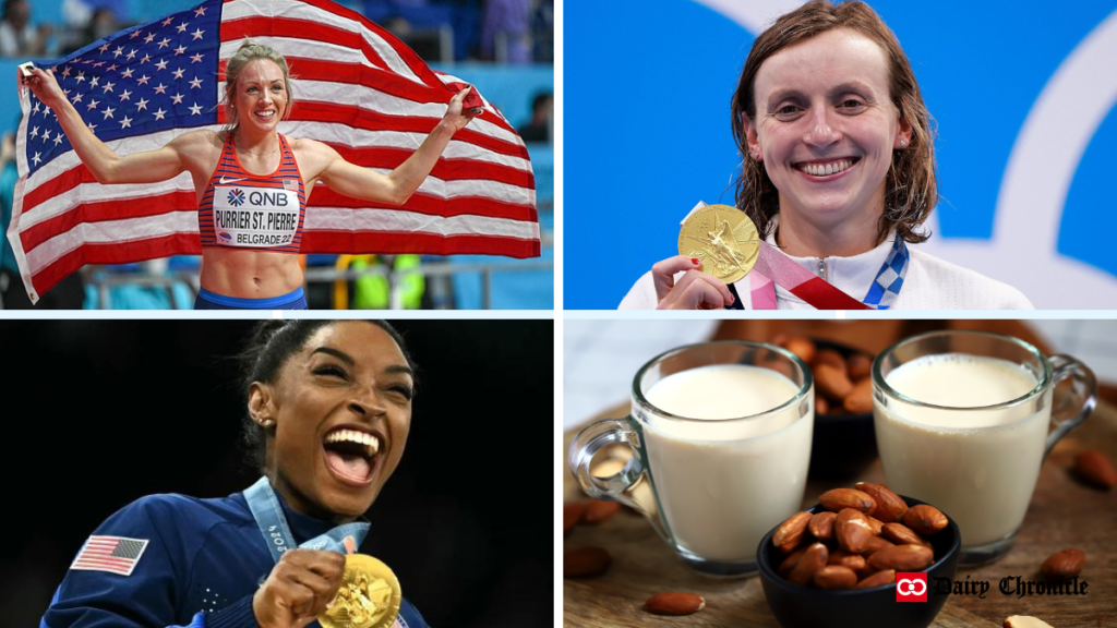 Elle Purrier St. Pierre, Katie Ledecky, Simone Biles with a glass of milk