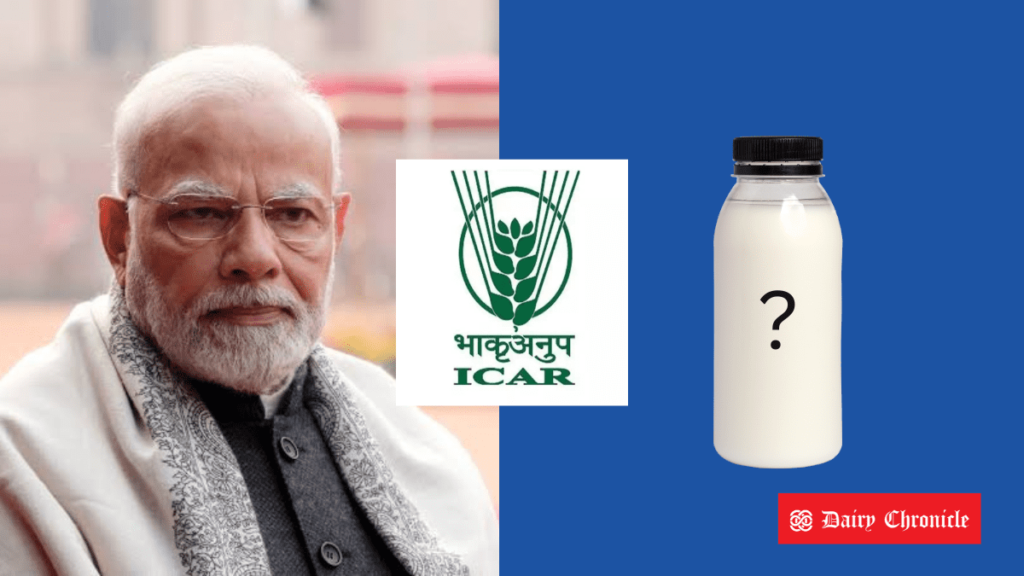 Narendra Modi and ICAR logo with milk bottle, showing FSSAI retraction