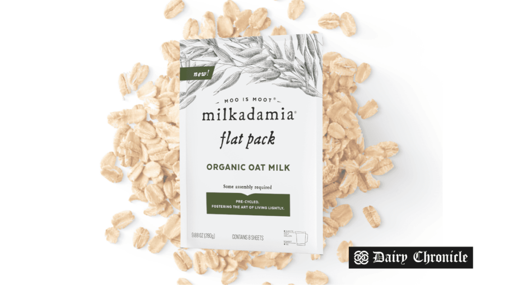 Milkadamia's Flat Pack Organic Oat Milk in eco-friendly 2D-printed packaging