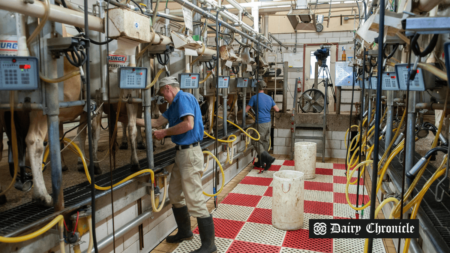 Robotic batch-style milking system improving dairy farming operations.