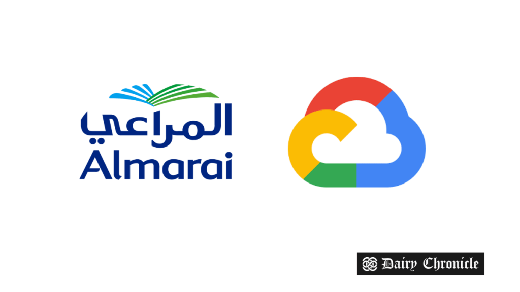 Almarai and Google Cloud logos representing their partnership to accelerate digital transformation in Saudi Arabia's dairy industry, supporting innovation and efficiency.