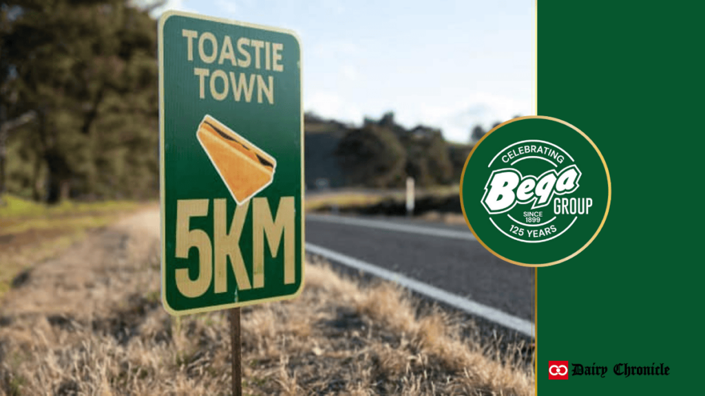 A signboard showing direction and distance to Toastie Town, displayed beside the Bega Group logo