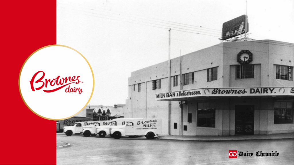 Picture of the Old Brownes Dairy Factory displayed beside the Brownes Dairy logo