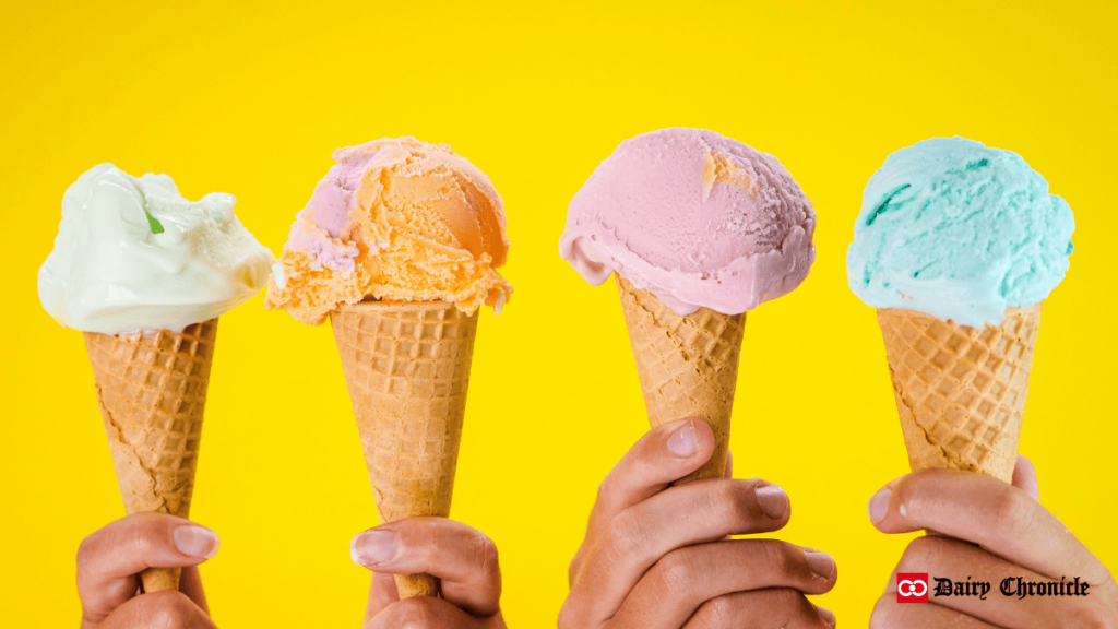 Four different flavored ice creams served in cone, showcasing a variety of dessert options.