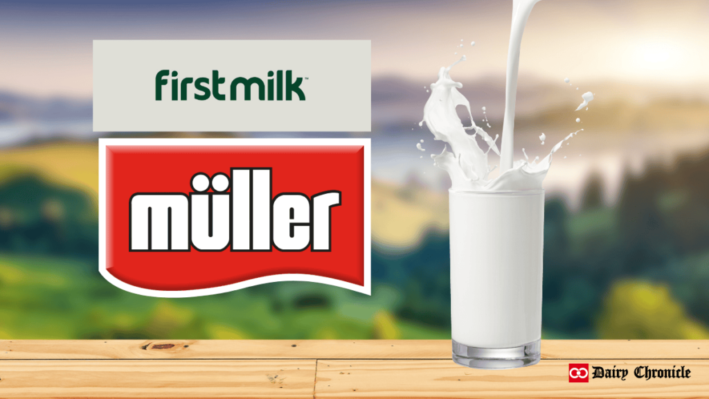 Milk being poured into a glass with price tags showing increased payments by Müller and First Milk.