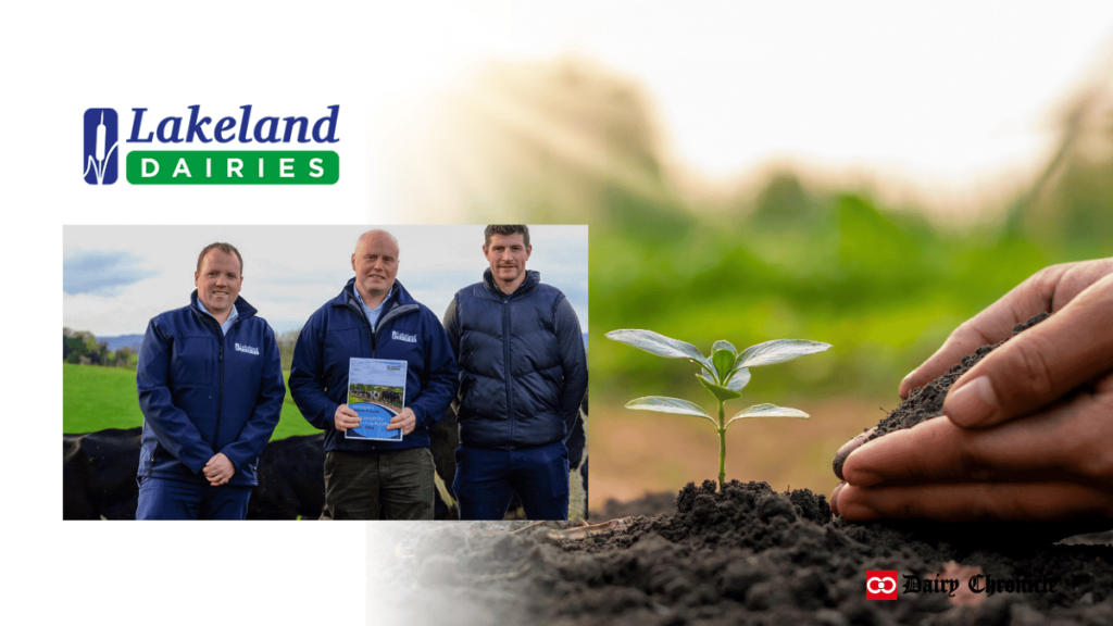 Lakeland Dairies logo above a picture of three men holding a brochure about a tree planting project, with a person planting a tree in the background