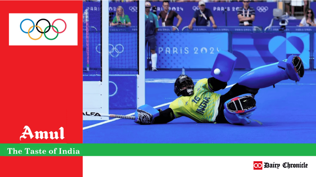 PR Sreejesh keeping goal at the Paris 2024 Olympics, Olympic logo in the corner, and Amul logo at the bottom.